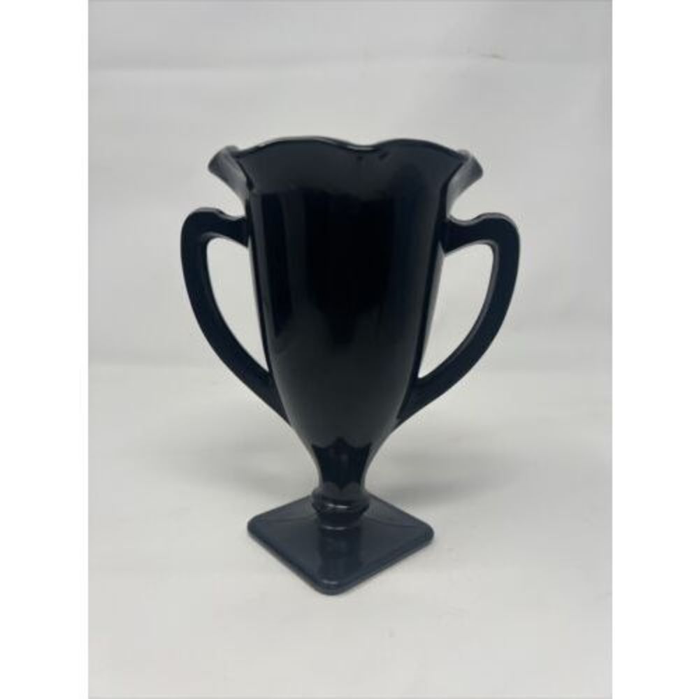 Vintage Black Opaque Glass Double Handle Vase